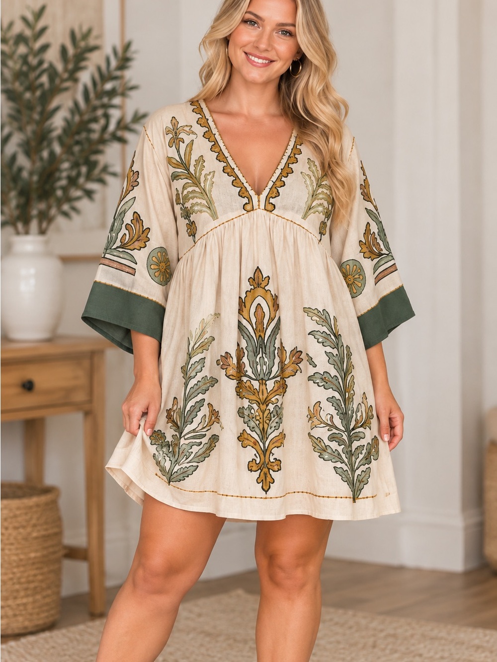 Zara Large Embroidered Floral Mini Dress Cream Boho